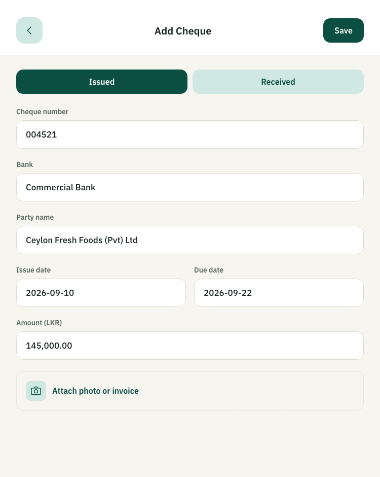 Add Cheque form with bank, party, amount, and date fields