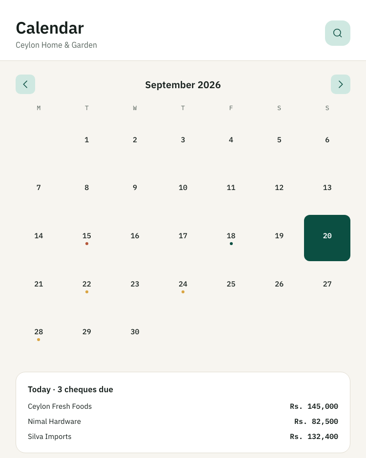 Calendar view marking which days have cheques due
