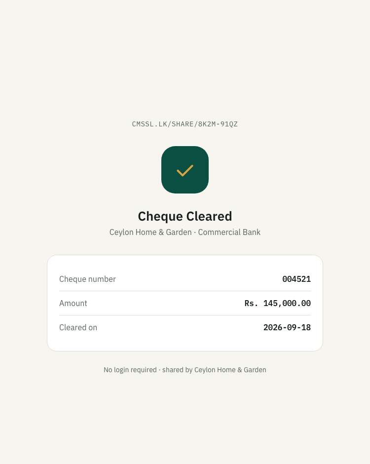Public share link page showing a cheque's cleared status, no login required